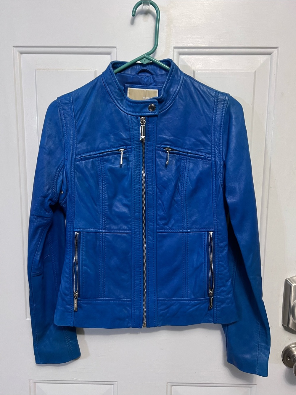 Michael Michael Kors Women’s Blue Genuine Leather Moto Jacket XS Full Zip Biker